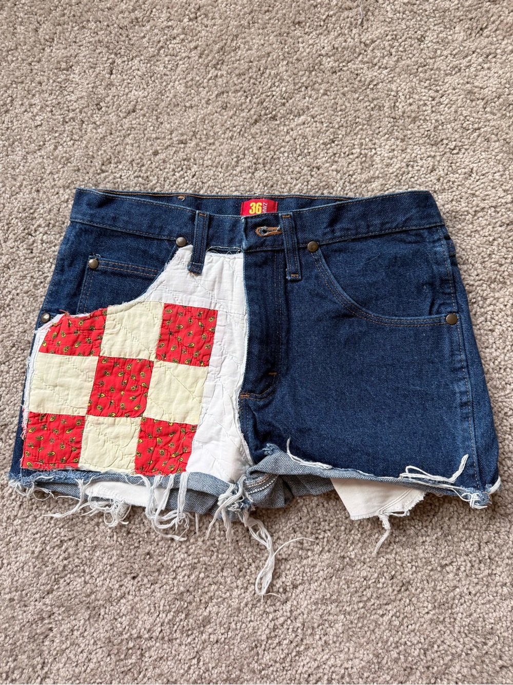 Wrangler Upcycled Denim Patchwork High-Waist Women's Shorts - Red & White Patch - Picture 1 of 8